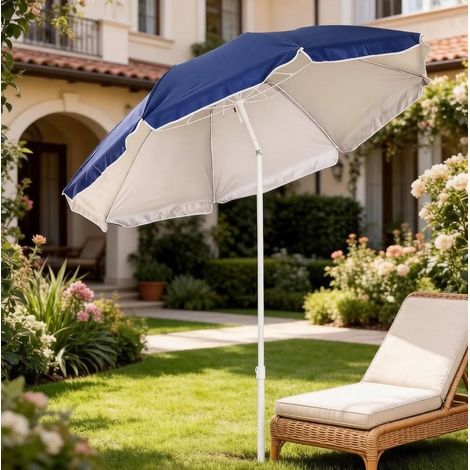 Ombrellone da spiaggia ottagonale basculante Ø 160 cm blu, protezione UPF50+, 8 stecche, palo bianco (1/5)