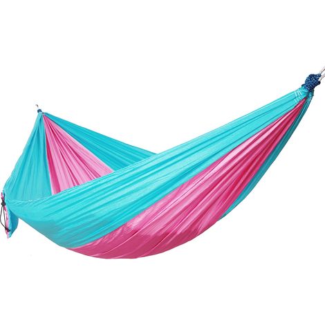 Hamac double portable de camping et de voyage, lit suspendu avec sangle pour arbre (bleu clair + rose) (1/5)
