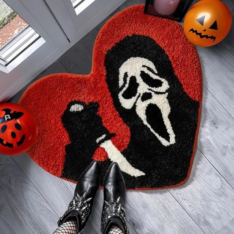 Tapis de salle de bain Halloween 26x24" – Motif crâne effrayant, noir et rouge, absorbant et lavable, décor Ghostface doux et antidérapant, tapis en forme de cœur cri – tapis d'horreur pour salle d'ea (1/5)