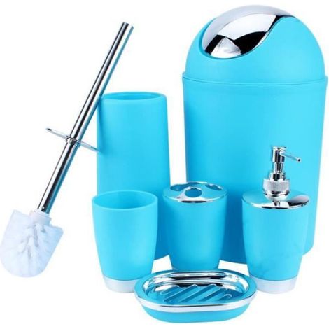 Accessoires Salle De Bain - Ensemble 6 Pièces - Distributeur De Savon Porte-Gobelet Porte-Brosse À Dents Poubelle Pot À Soupe Brosse WC - Résine - Bleu (1/4)