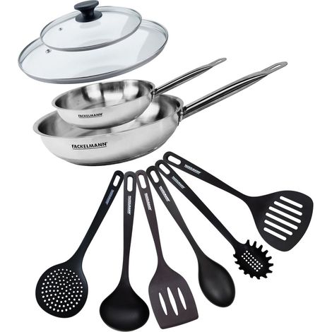Set de 2 poêles de 20 et 28 cm en inox, 2 couvercles en verre et 6 ustensiles Fackelmann Eterna (1/5)
