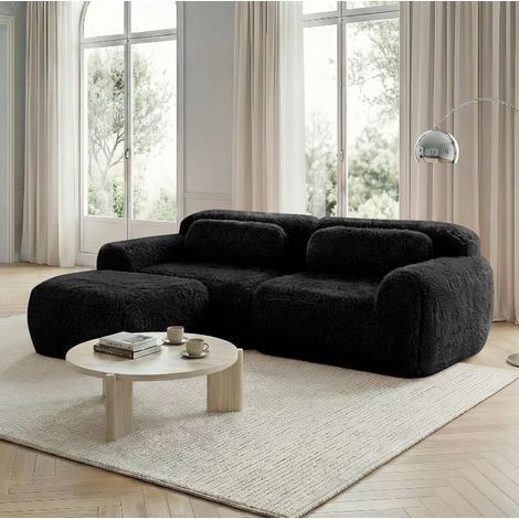 Canapé d'angle L 2 places modulaire en velours noir, sans montage, avec coussins, OKWISH (1/5)