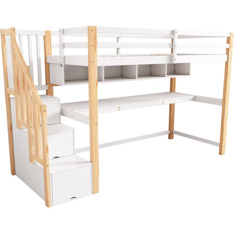 Kinder-Hochbett 90 x 200 cm mit Schreibtisch und Regalen aus Holz und MDF HOMVRA (1/5)
