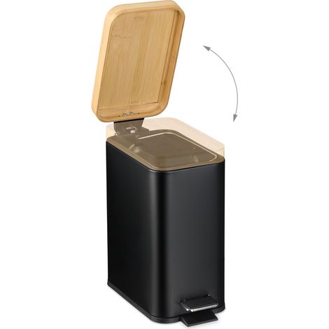 Relaxdays Mülleimer Bad, 5 Liter, entnehmbarer Inneneimer, Kosmetikeimer, Metall, Badmülleimer mit Bambusdeckel, schwarz
