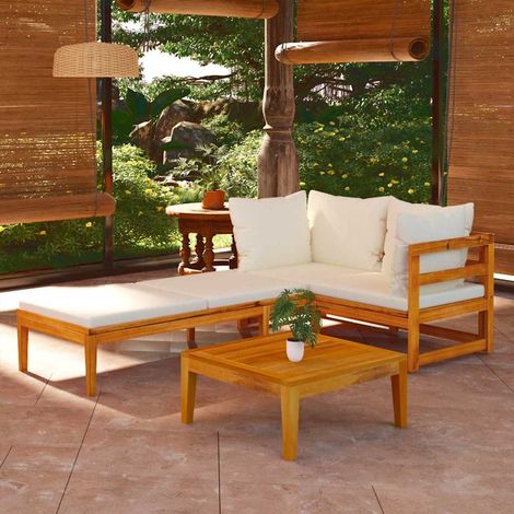 Salon de jardin 3 pcs Ensemble Table et Chaise de Jardin - avec coussins blanc crème Bois d'acacia BV201977 - BonneVie (1/5)