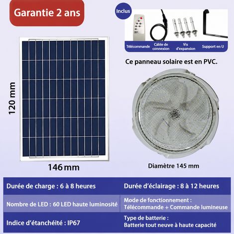 Plafonnier solaire LED 25W Ø145 mm étanche IP65 25 145 25 × 20 × 13 cm 750 g – Livraison gratuite