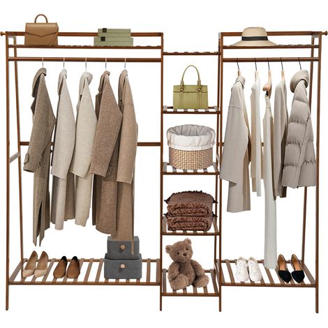 Porte-vêtements en bambou et bois 160 x 40 x 140 cm – Porte-manteaux avec étagère – Porte-manteaux multifonctionnel pour chambre à coucher – Porte-vêtements avec 9 étagères et 2 tringles à vêtements (1/5)