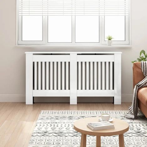 Cache-radiateur moderne avec étagère rangement 152 x 19 x 81 cm en bois d'ingénierie blanc brillant (1/5)