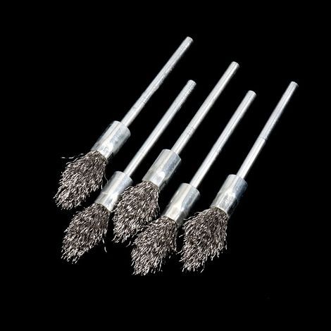Set di 5 spazzole metalliche allungate a forma di torcia con manici da 6 mm, per sverniciatura, pulizia e lucidatura dei metalli. Spazzole in acciaio inox con testine abrasive per macchinari. (1/4)