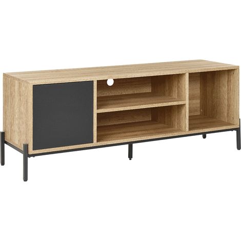 Mueble TV madera clara gris negro 140 x 40 cm MDF armario estantes Moines