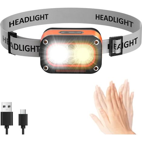 Lampe frontale LED rechargeable USB-C, étanche IPX4, avec détecteur de mouvement, idéale pour le camping, la course à pied, le vélo et la pêche. (1/5)