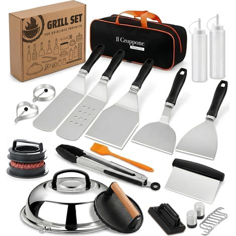Set Accessori Barbecue Professionale 27 Pezzi Kit Completo BBQ Smash Burger, Pressa Hamburger, Spatole, Pinze, Cloche e Dispenser Salse – Utensili in Acciaio Inox con Borsa Trasporto (1/5)