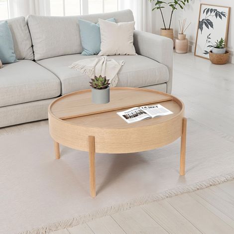 M&S – Table basse relevable ronde en chêne massif 80x40cm – Plateau tournant avec rangement – Design élégant pour salon moderne