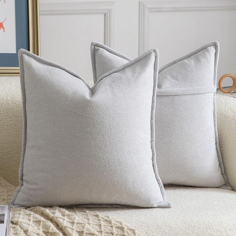 Lot de 2 Housses de coussin, Chenille, Bordure décorative, Gris clair, 45x45 cm, Salon Chambre