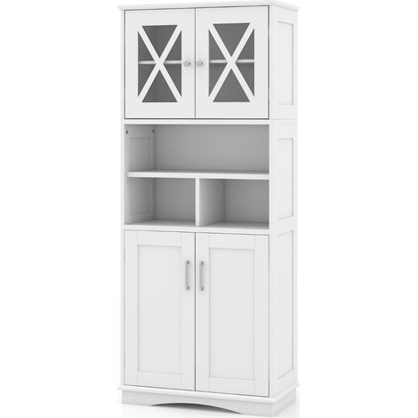 Armadio da bagno alto con porte in acrilico e 3 cubi, Armadio da terra salvaspazio con ripiani regolabili Bianco