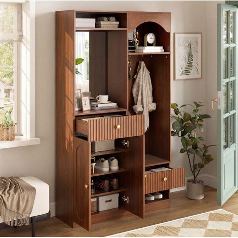 Guardaroba da ingresso in MDF noce con specchio, panca e LED, 100 x 35 x 180 cm, mobile con ante, cassetti e ganci (1/5)