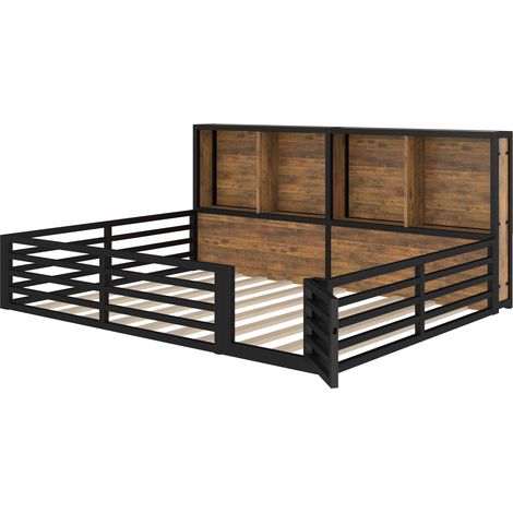 Cama de metal negra 140 x 200 cm con barandillas y arcón, somier de láminas (1/5)