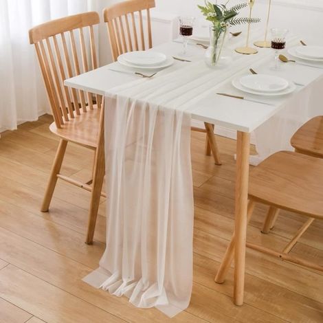 Chemin de Table Blanc,chemin de table en mousseline,Chemin de Table Lavable,pour décoration de Table Mariage(70x300 cm) (1/4)