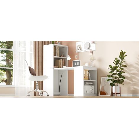 Scrivania pieghevole multifunzione 2 in 1 con libreria, tavolo ribaltabile con 4 vani portaoggetti, mobile salvaspazio con ruote - Bianco, 130 x 51 x 137 cm