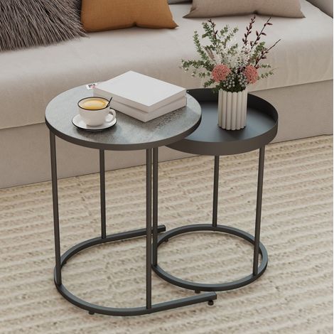 Tables basses gigognes Ø42/Ø36,5 x 54/48,5 cm grises – plateau à rebord MDF métal MEUBLIV (1/5)