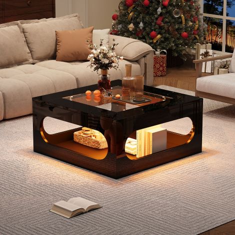 Tavolino da soggiorno quadrato 707035 cm, tavolino da caffè al centro con incavo, tavolino da tè con piano in vetro temperato, tavolino laterale da soggiorno con luci LED lucide, tavolo per feste di N (1/5)