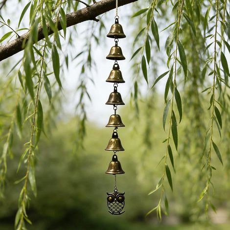 Carillon de vent hibou vert antique (1 pièce) avec 7 cloches, Design unique de hibou, Style rustique pour décoration de jardin, terrasse, cour, fenêtre, Son apaisant (1/5)