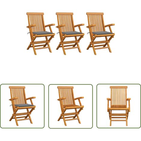 The Living Store Gartenstühle mit Grauen Kissen 3 Stk. Massivholz Teak - Gartenstühle - Teakholzmöbel - Outdoormöbel - Gartenmöbel - Balkonmöbel (1/5)