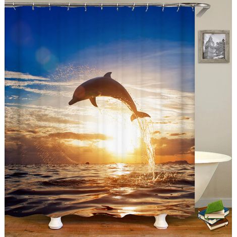 Rideau de douche 3D motif plage, rideau de salle de bain mer Méditerranée, tissu imperméable, dimensions : 180 cm x 240 cm.