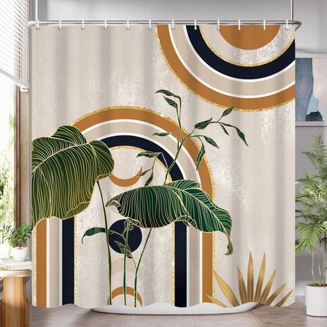 Rideau de Douche, 200x180cm, Jaune Beige Boho Milieu du Siècle Moderne Abstrait Arc Soleil Géométrique Plante Botanique Tissu Pmperméable Machine Lavable Rideau de Salle de Bain avec Crochets (1/5)