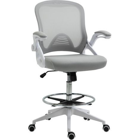 Vinsetto Fauteuil de bureau chaise de bureau assise debout hauteur réglable repose-pieds accoudoir rabattable pivotant 360° maille respirante dim. 64L x 60l x 106-126H cm gris et blanc