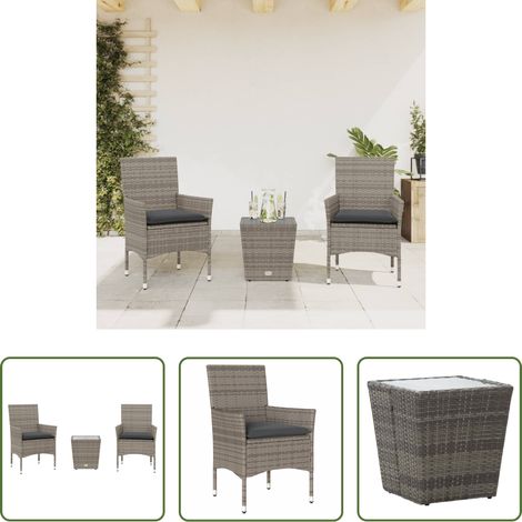 vidaXL Table de jardin - Ensemble de bistro avec coussins 3 pcs gris rotin et verre (1/5)