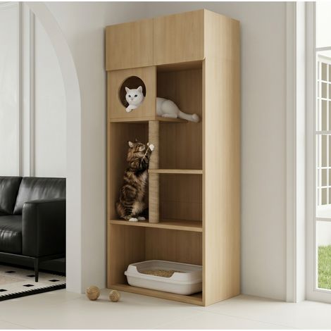 Mueble arenero para gato 80x45x193 cm en MDF natural con rascador y almacenaje – MEUBLIV (1/5)