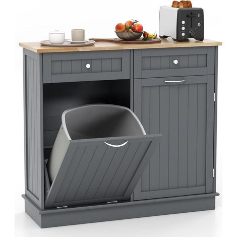 Goplus – Buffet de cuisine 100x35x90,5 cm – Îlot avec 2 tiroirs, armoire à poubelle et étagère réglable – Plateau en caoutchouc gris