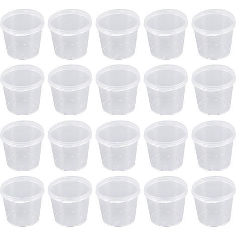 Lot de 50 gobelets à portion jetables en plastique transparent de 25 ml avec couvercles, parfaits pour gelées, yaourts, mousses et sauces. (1/4)