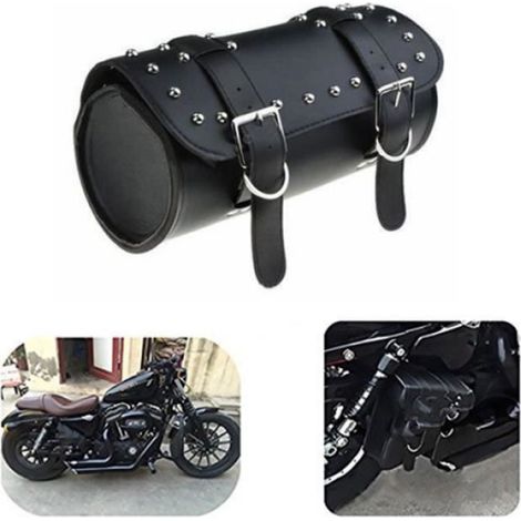 Outils Moto Ronde Sacoche de Fourche en Cuir PU pour Moto Custom Harley Davidson Noir (1/4)
