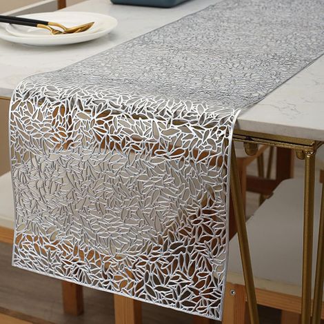 Chemin de table antidérapant et décoratif en PVC résistant à la chaleur pour la maison, fête, cuisine, dîner, mariage (150 cm x 30 cm), argenté (1/5)