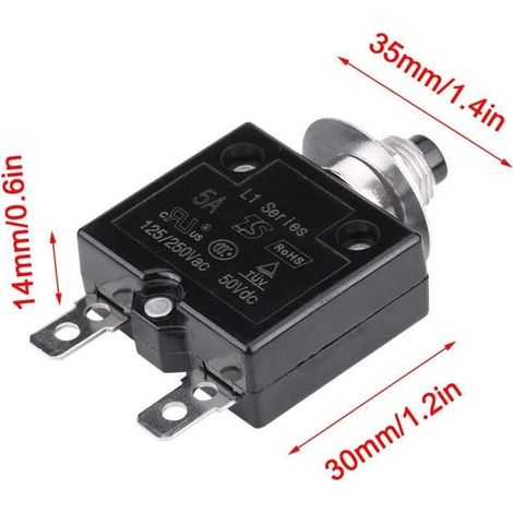 Disjoncteur thermique 5A – Protection contre surcharge – Tension 125-250V AC. 50V DC – Réinitialisation manuelle – Installation facile en espace confiné (1/5)