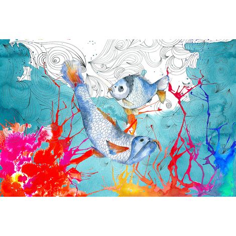 Papier peint panoramique bleu, rouge et blanc | Tapisserie panoramique nature océan design | Papier peint panoramique animaux à motifs poissons - 267 x 400 cm (4 pièces) (1/2)