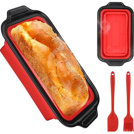 Stampo per pane in silicone - 31 x 17,2 x 7 cm - Con spatola e pennello per olio - Stampo in silicone antiaderente per torte e pane - Rosso (1/5)