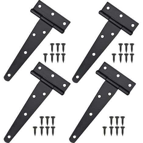 4-teiliges schwarzes T-Scharnier-Set, 5 Zoll, rostfreies T-Scharnier-Set mit Schrauben, robustes Scheunentor-Scharnier, für Fenster, Zäune, Gartenhäuser (1/5)