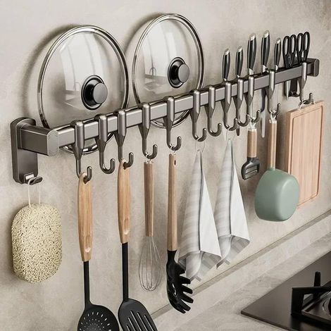 No-drill kitchen utensil rack, multifunctional storage shelf (grey, 70 cm, 12 hooks) (1/4)