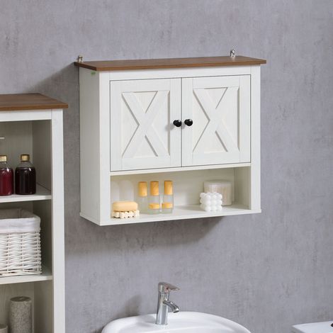 Mobiletto da bagno a parete con ante e vano a giorno, dimensioni 60 x 19,5 x 52,5 cm, bianco.