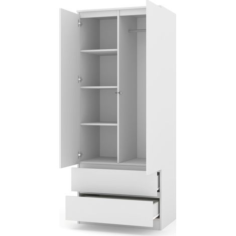 Schrank MAJA 80 cm mattweiß – 2 Türen + 2 Schubladen, Kleiderstange + Regalböden Möbelsystem für das gesamte Zimmer