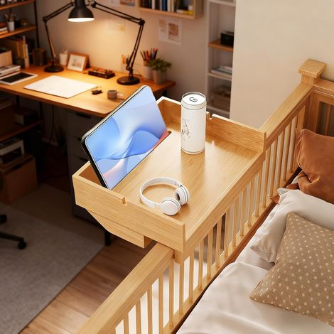 Table de Chevet Suspendue en Bambou, Étagère Murale sans Percage, Plateau de Lit pour Mezzanine, Support Tablette Lit pour Dortoir Universitaire, Couleur Bois avec Fente pour Câbles