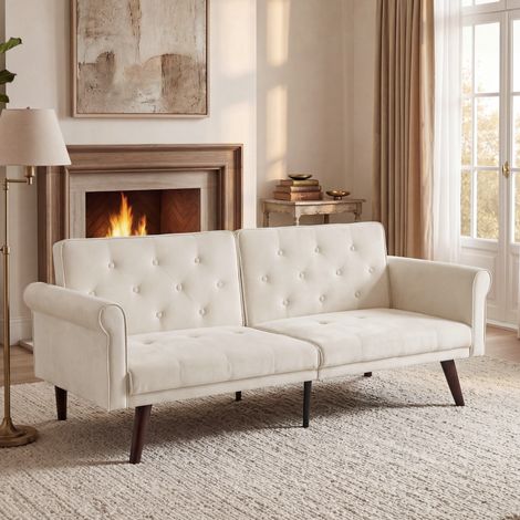 Divano letto 2 posti 172x89x70 cm beige, schienale regolabile, velluto MEUBLIV (1/5)