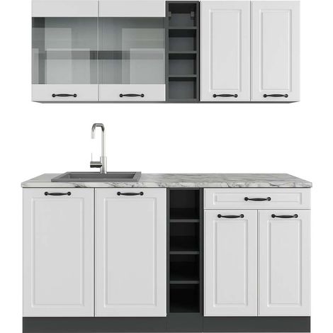 Cucina completa R-Line, Bianco casa di campagna/antracite, 160 cm , PL Marmo, Vicco