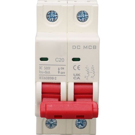 Disjoncteur miniature DC 2P 20A 500V, pouvoir de coupure 6kA, construction modulaire, protection circuit électrique, interrupteur automatique compact pour tableau. (1/5)