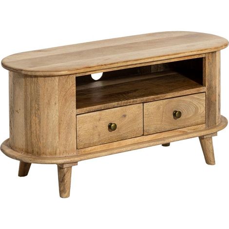 Made In Meubles – Meuble TV arrondi en bois de manguier – Dimensions 90x35x42cm – Style rétro avec niche ouverte et 2 tiroirs – Pour petits espaces (1/5)