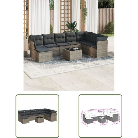 The Living Store 9-tlg. Garten-Sofagarnitur mit Kissen Grau Poly Rattan - Gartenmöbel Set - PE-Rattan Möbel - Outdoor Sofa - Esstisch - Lounge Garnitur (1/3)