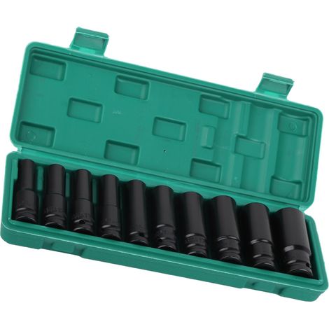 Set mit 10 schwarzen Schlagschrauber-Einsätzen, 1/2"-Ratschenschlüssel, hochbelastbarem Kohlenstoffstahl, robustem Hülsenkoffer für Schrauben, für den harten Einsatz. (1/5)